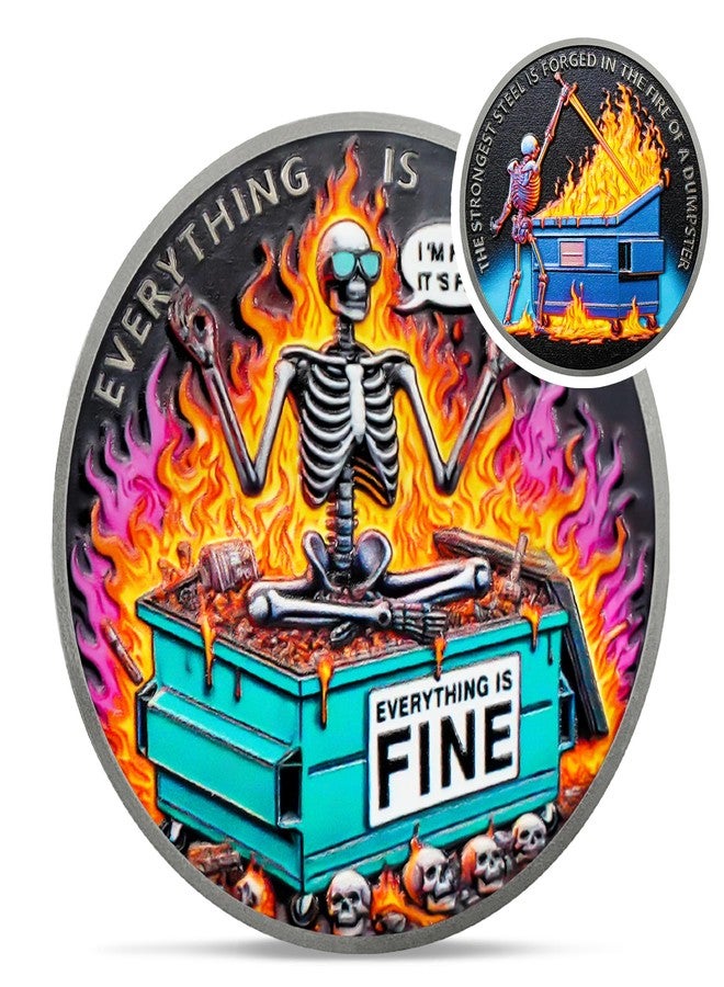 IELCJJ Colorful Skull Dumpster Fire Challenge Coin - The Strongest Steel is Forged Dumpster Fire Coin - Funny Desk Accessories for Work - Hilarious Coworker Go Away Token - Inspirational Gifts for Men Women - Image 1